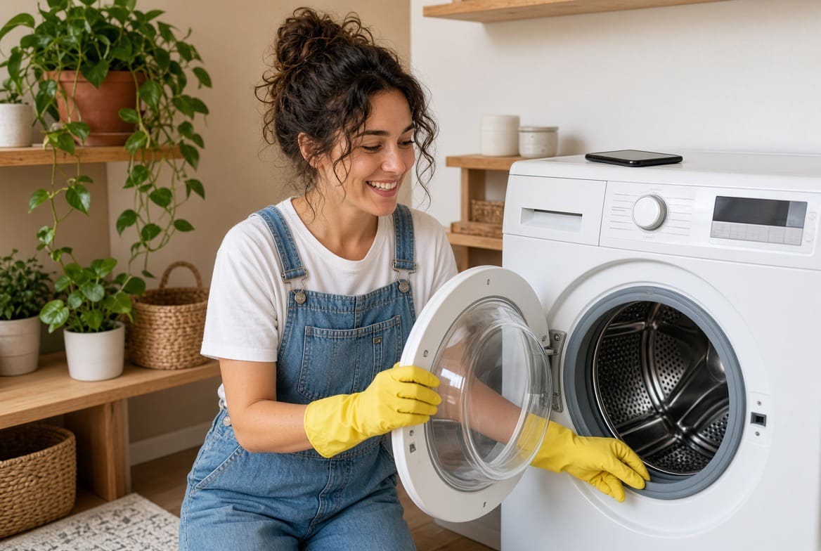 Une femme ouvre le hublot de son lave-linge, son téléphone posé sur l’appareil