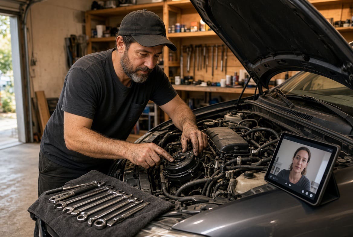 Un homme penché sur le moteur de sa voiture suit les indications d’une professionnelle en visio sur une tablette