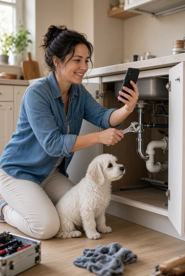 Une femme démonte le siphon sous son évier, téléphone à la main, son chien assis à côté d’elle